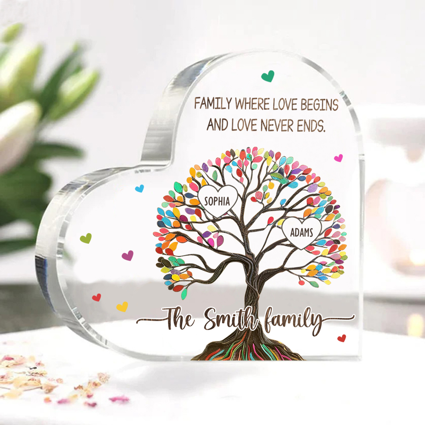 Personalized Family Tree of Life Acrylic Heart Plaque – with 2 Names & 2 Texts - Mother’s Day Gift