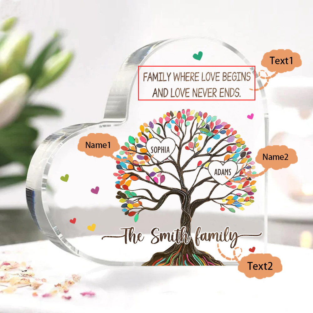 Personalized Family Tree of Life Acrylic Heart Plaque – with 2 Names & 2 Texts - Mother’s Day Gift
