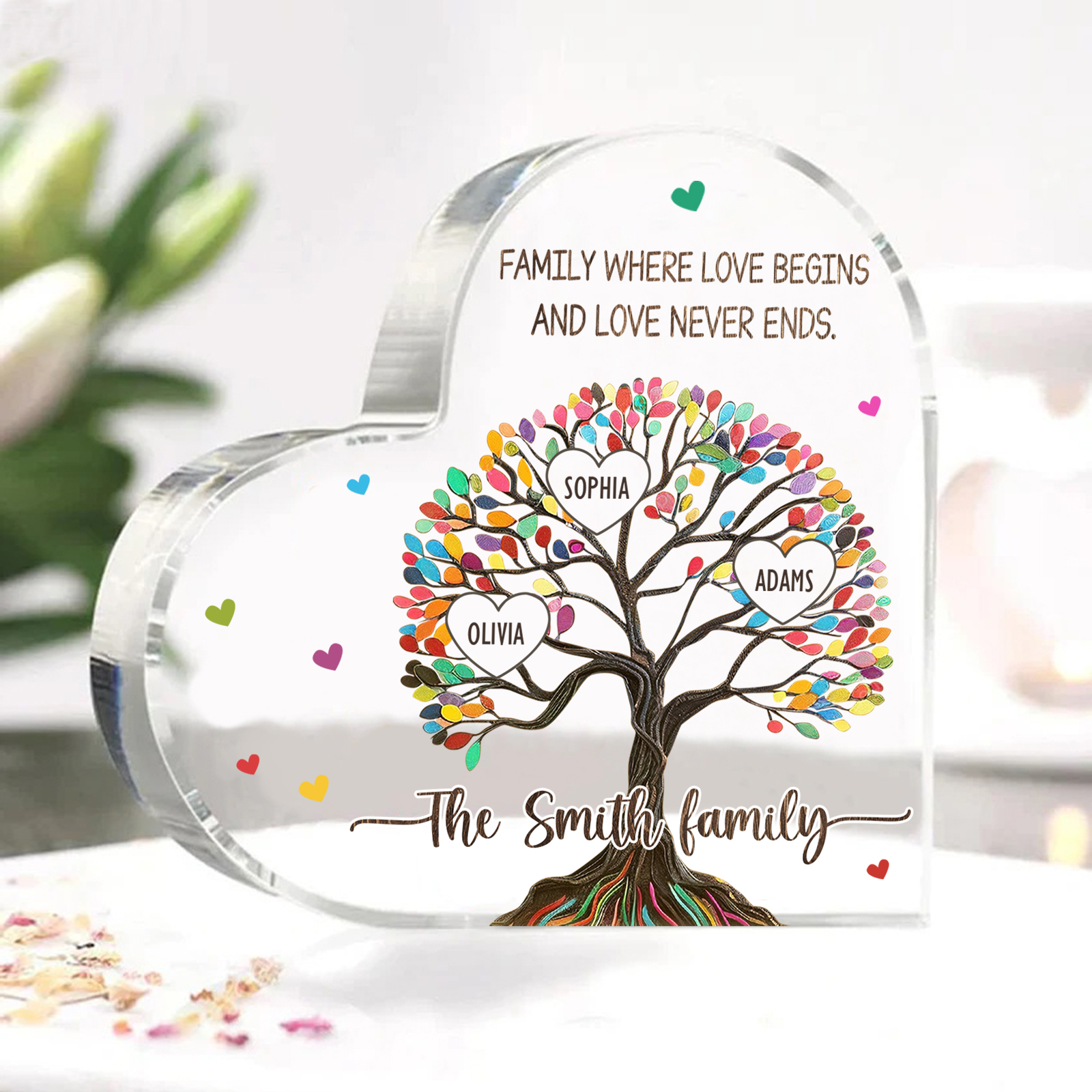 Personalized Family Tree of Life Acrylic Heart Plaque – with 3 Names & 2 Texts - Mother’s Day Gift
