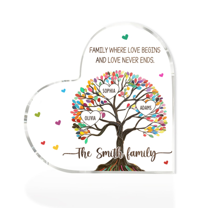 Personalized Family Tree of Life Acrylic Heart Plaque – with 3 Names & 2 Texts - Mother’s Day Gift