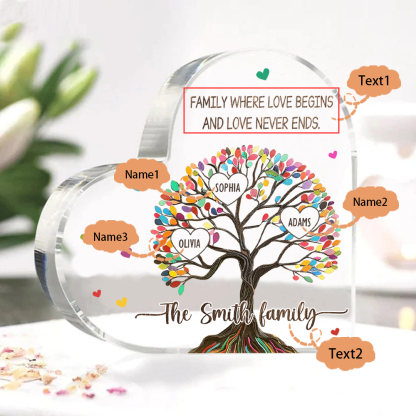 Personalized Family Tree of Life Acrylic Heart Plaque – with 3 Names & 2 Texts - Mother’s Day Gift
