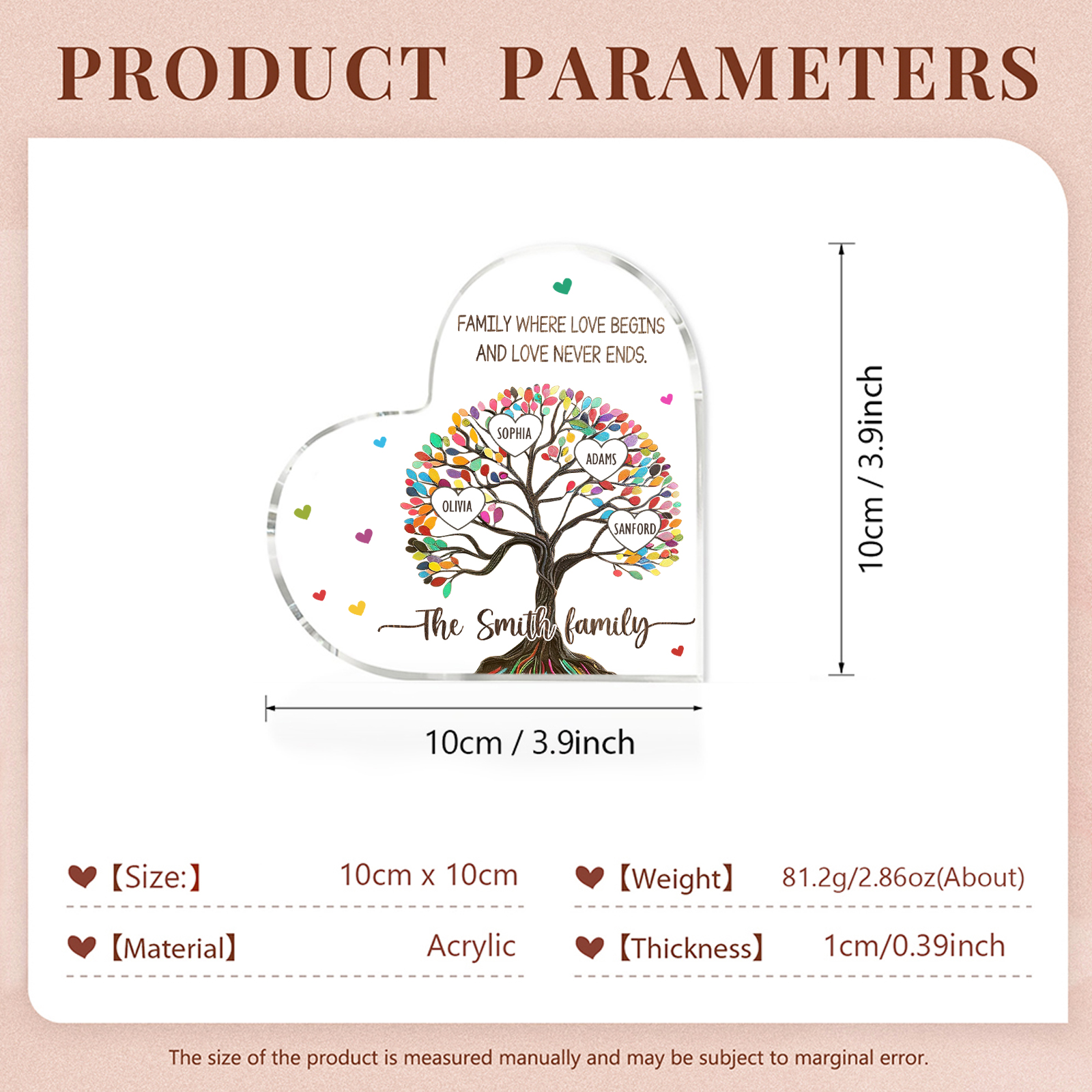 Personalized Family Tree of Life Acrylic Heart Plaque – with 4 Names & 2 Texts - Mother’s Day Gift