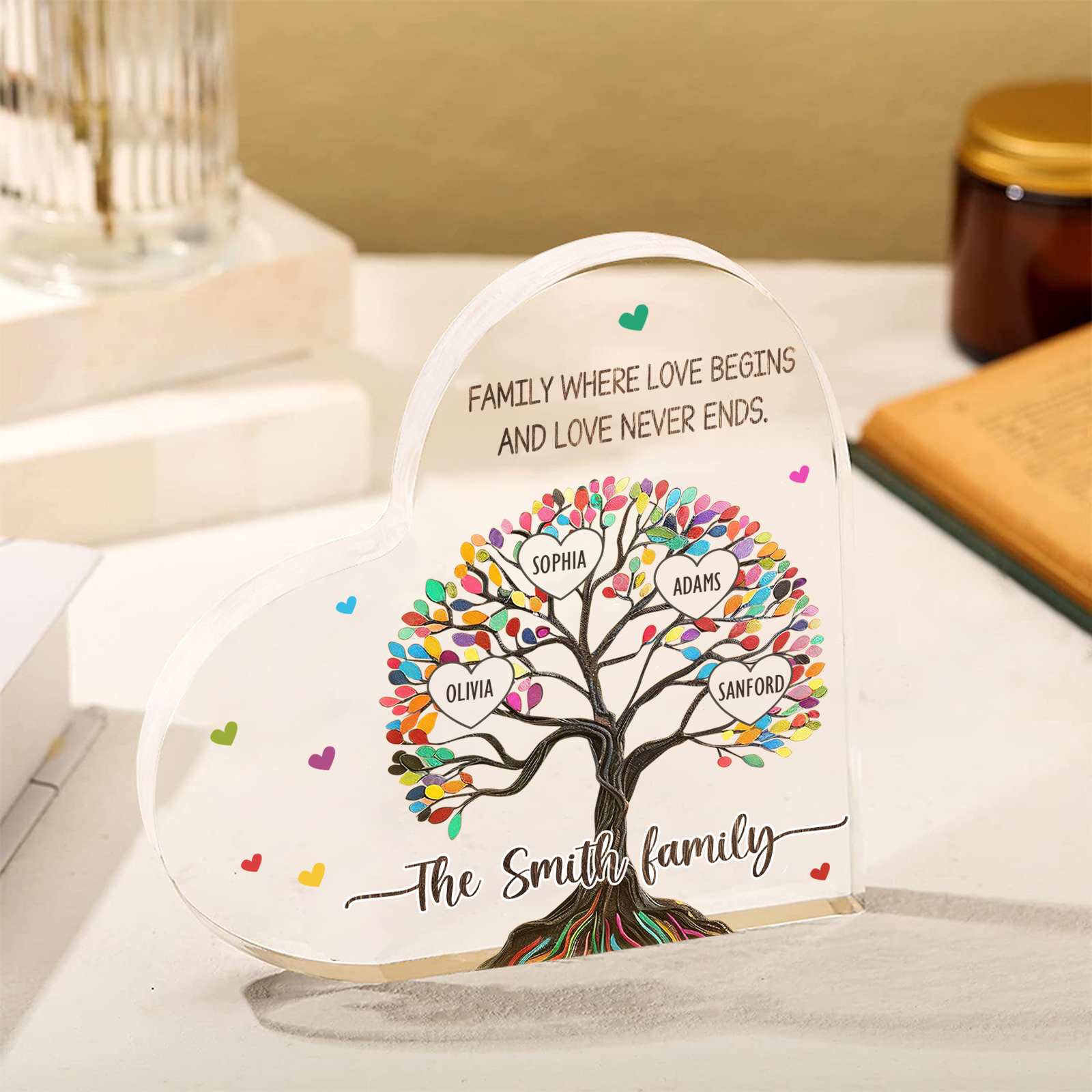 Personalized Family Tree of Life Acrylic Heart Plaque – with 4 Names & 2 Texts - Mother’s Day Gift