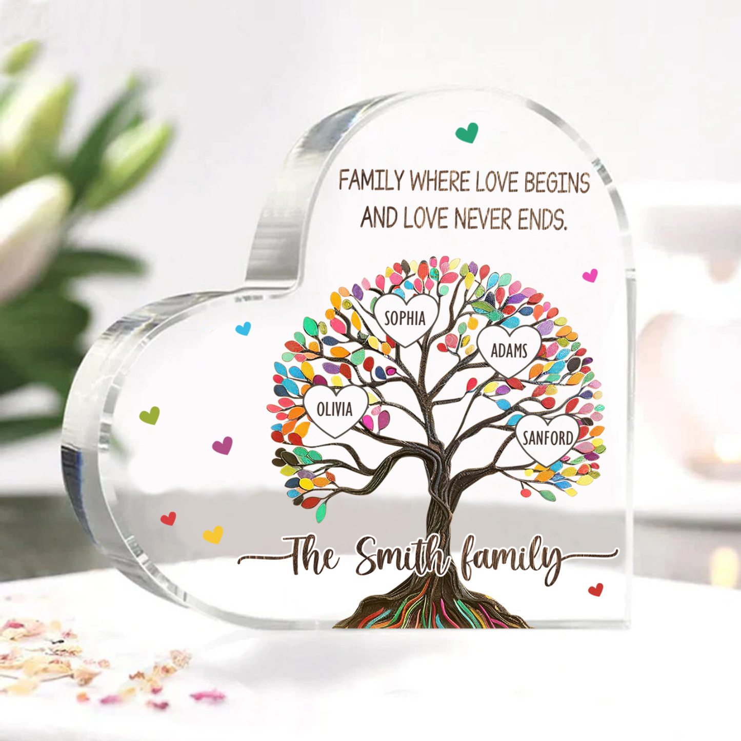 Personalized Family Tree of Life Acrylic Heart Plaque – with 4 Names & 2 Texts - Mother’s Day Gift
