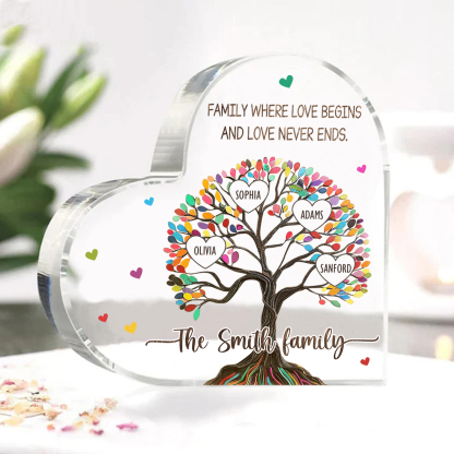 Personalized Family Tree of Life Acrylic Heart Plaque – with 4 Names & 2 Texts - Mother’s Day Gift
