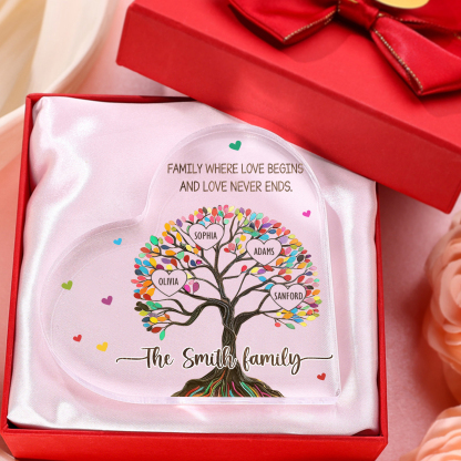 Personalized Family Tree of Life Acrylic Heart Plaque – with 4 Names & 2 Texts - Mother’s Day Gift