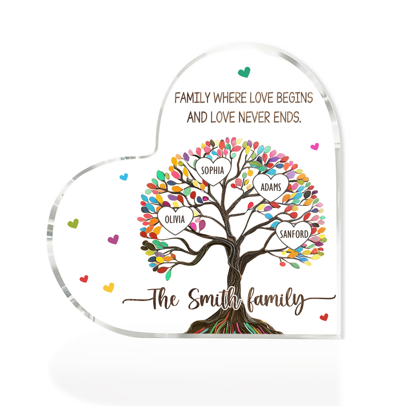 Personalized Family Tree of Life Acrylic Heart Plaque – with 4 Names & 2 Texts - Mother’s Day Gift