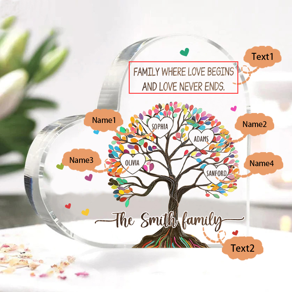 Personalized Family Tree of Life Acrylic Heart Plaque – with 4 Names & 2 Texts - Mother’s Day Gift