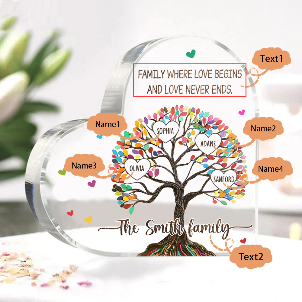 Personalized Family Tree of Life Acrylic Heart Plaque – with 4 Names & 2 Texts - Mother’s Day Gift