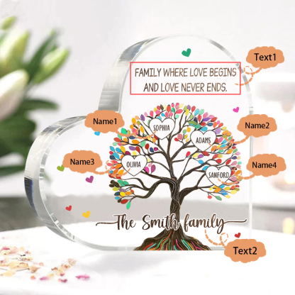 Personalized Family Tree of Life Acrylic Heart Plaque – with 4 Names & 2 Texts - Mother’s Day Gift