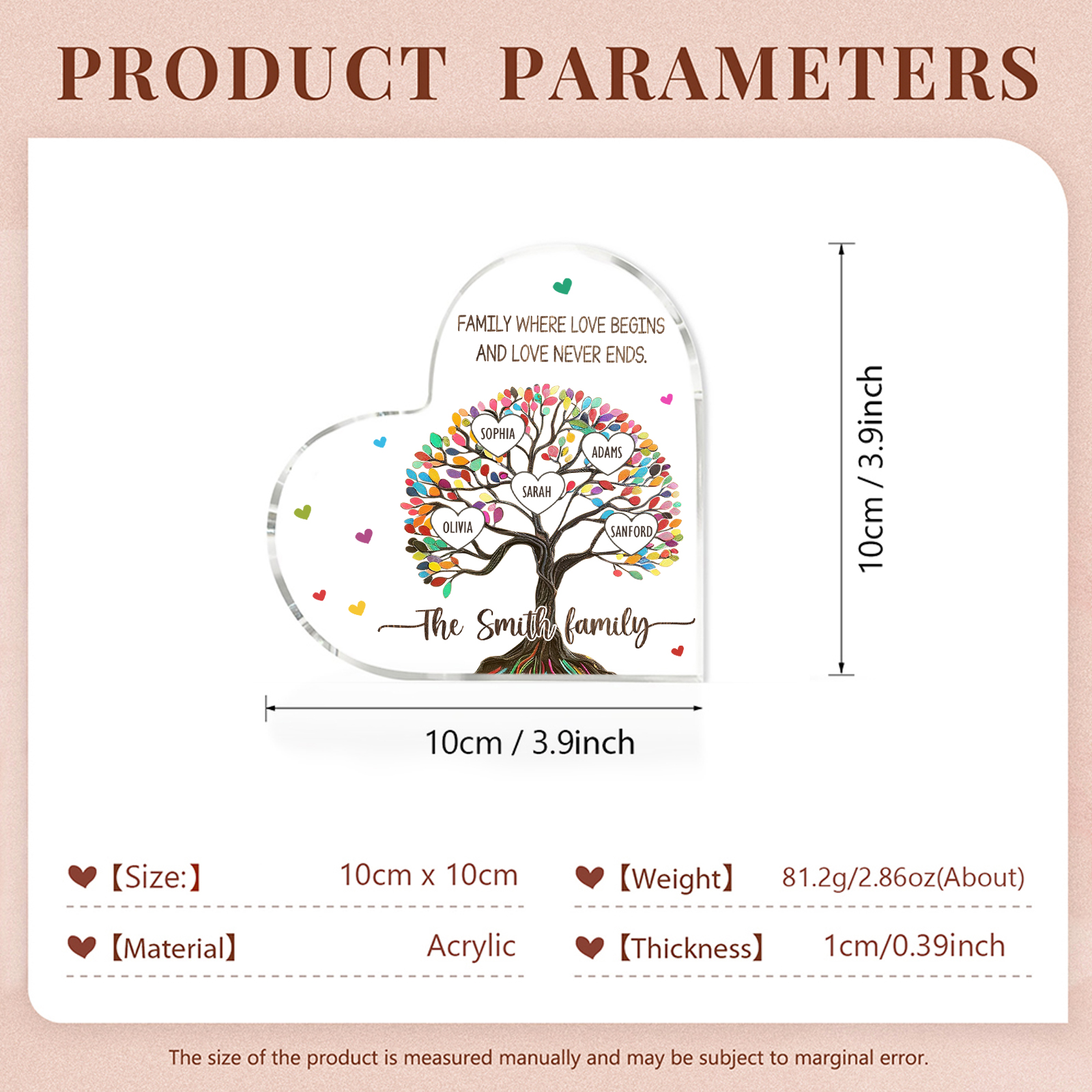 Personalized Family Tree of Life Acrylic Heart Plaque – with 5 Names & 2 Texts - Mother’s Day Gift