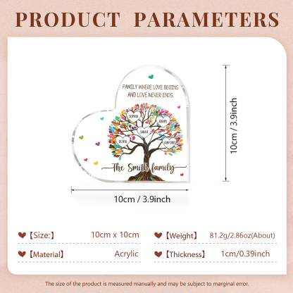 Personalized Family Tree of Life Acrylic Heart Plaque – with 5 Names & 2 Texts - Mother’s Day Gift