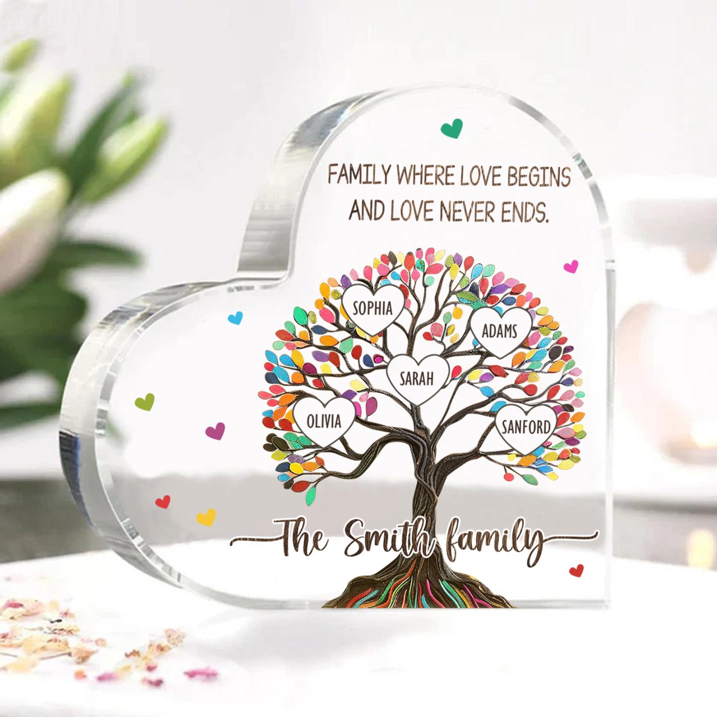Personalized Family Tree of Life Acrylic Heart Plaque – with 5 Names & 2 Texts - Mother’s Day Gift