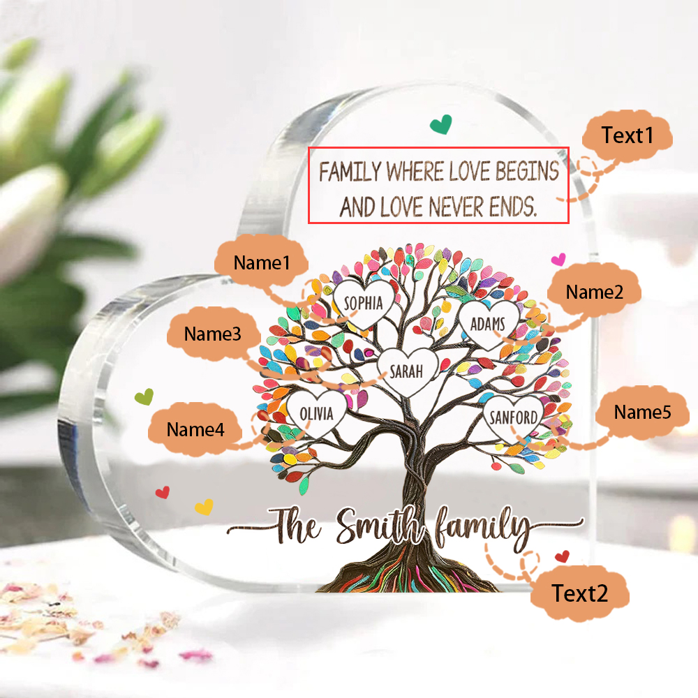 Personalized Family Tree of Life Acrylic Heart Plaque – with 5 Names & 2 Texts - Mother’s Day Gift
