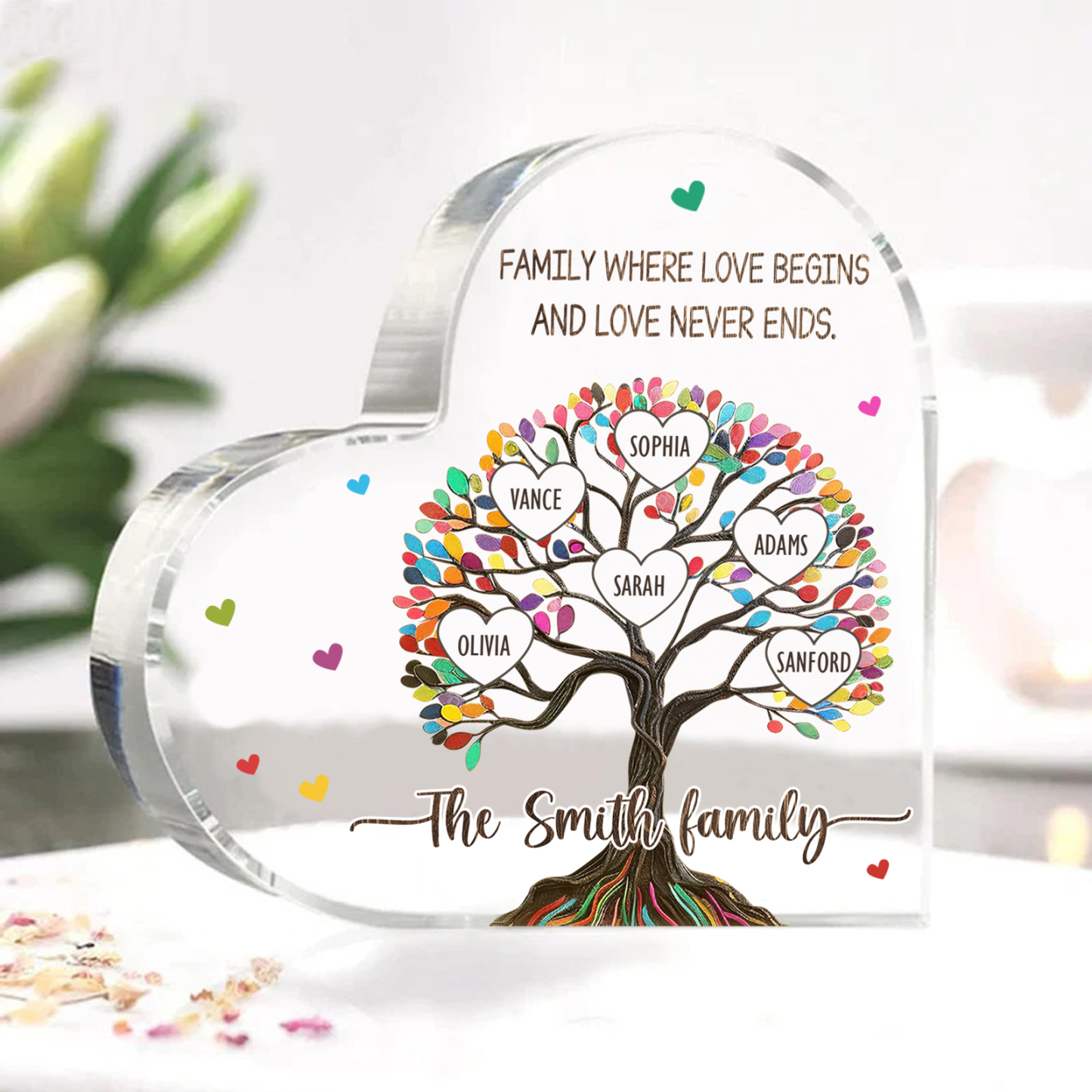 Personalized Family Tree of Life Acrylic Heart Plaque – with 6 Names & 2 Texts - Mother’s Day Gift