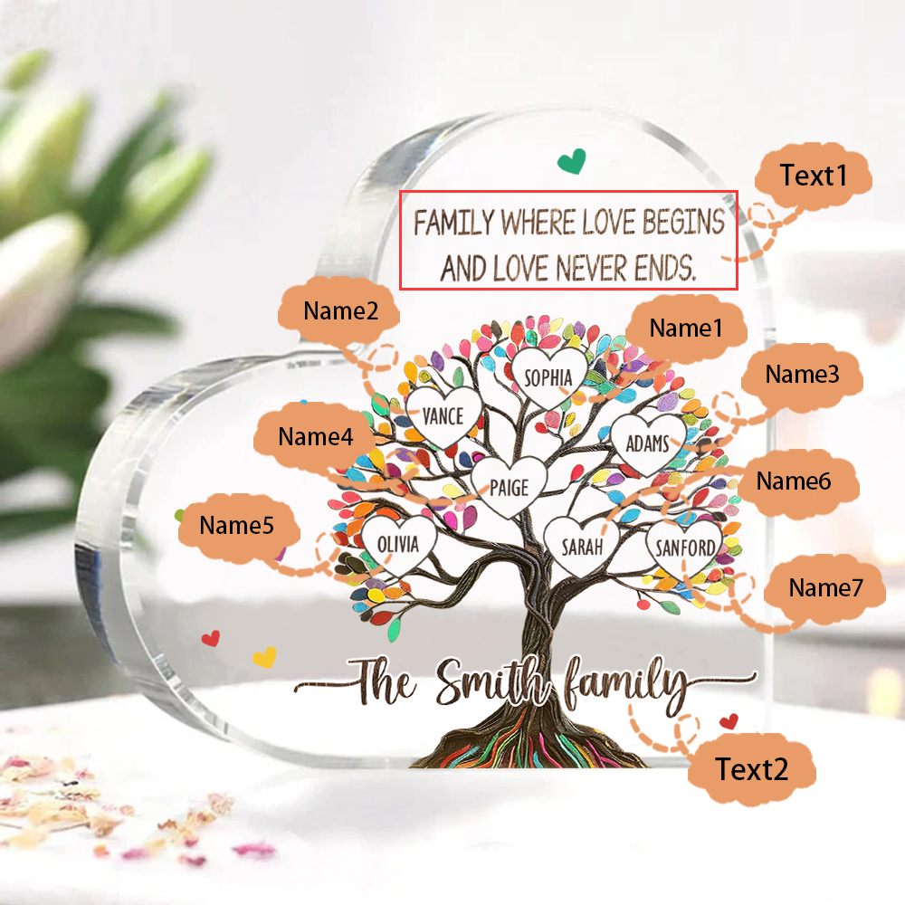 Personalized Family Tree of Life Acrylic Heart Plaque – with 7 Names & 2 Texts - Mother’s Day Gift