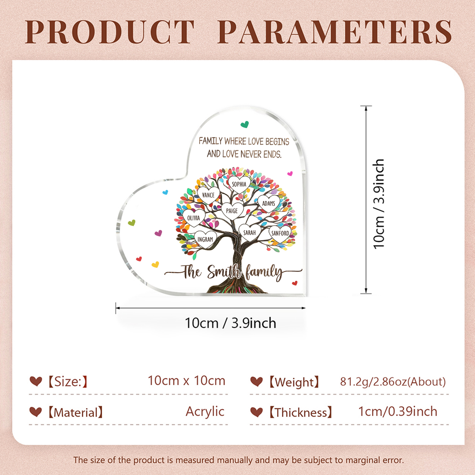 Personalized Family Tree of Life Acrylic Heart Plaque – with 8 Names & 2 Texts - Mother’s Day Gift