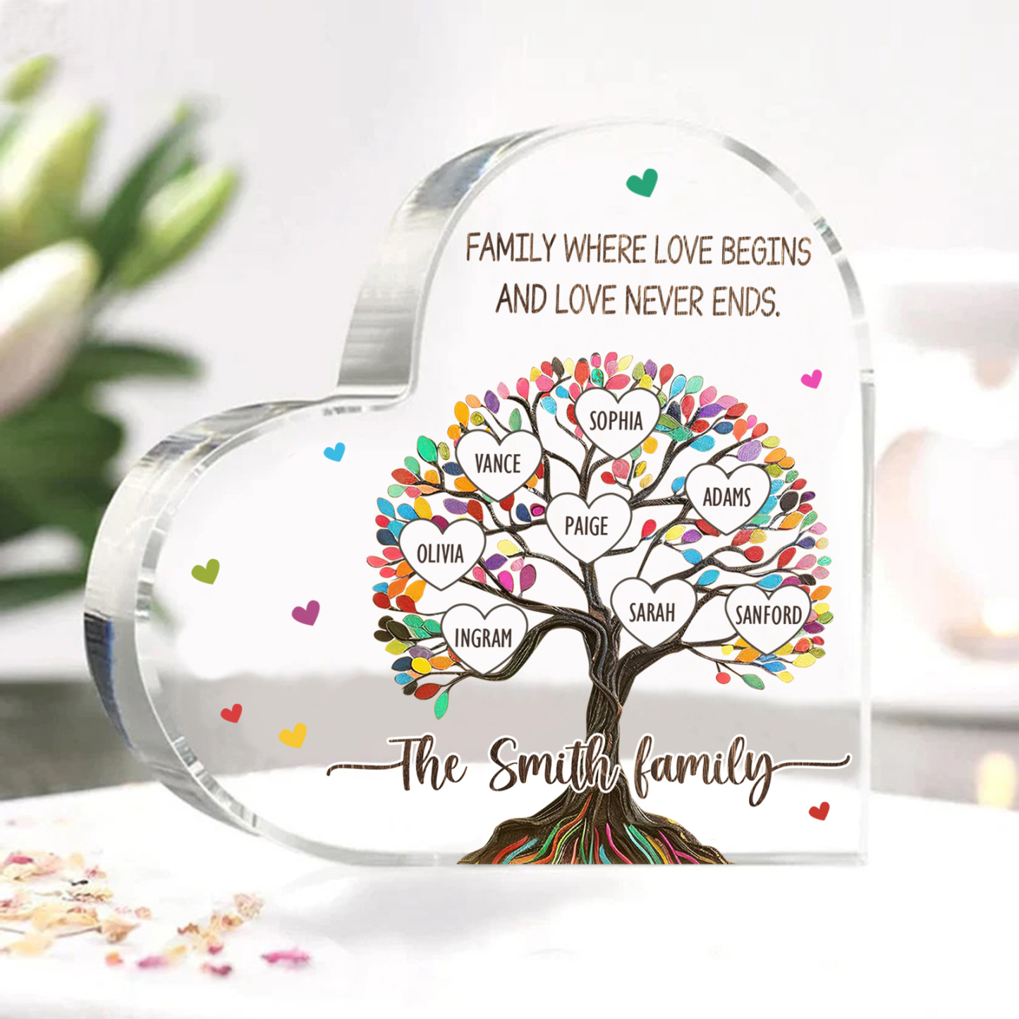 Personalized Family Tree of Life Acrylic Heart Plaque – with 8 Names & 2 Texts - Mother’s Day Gift