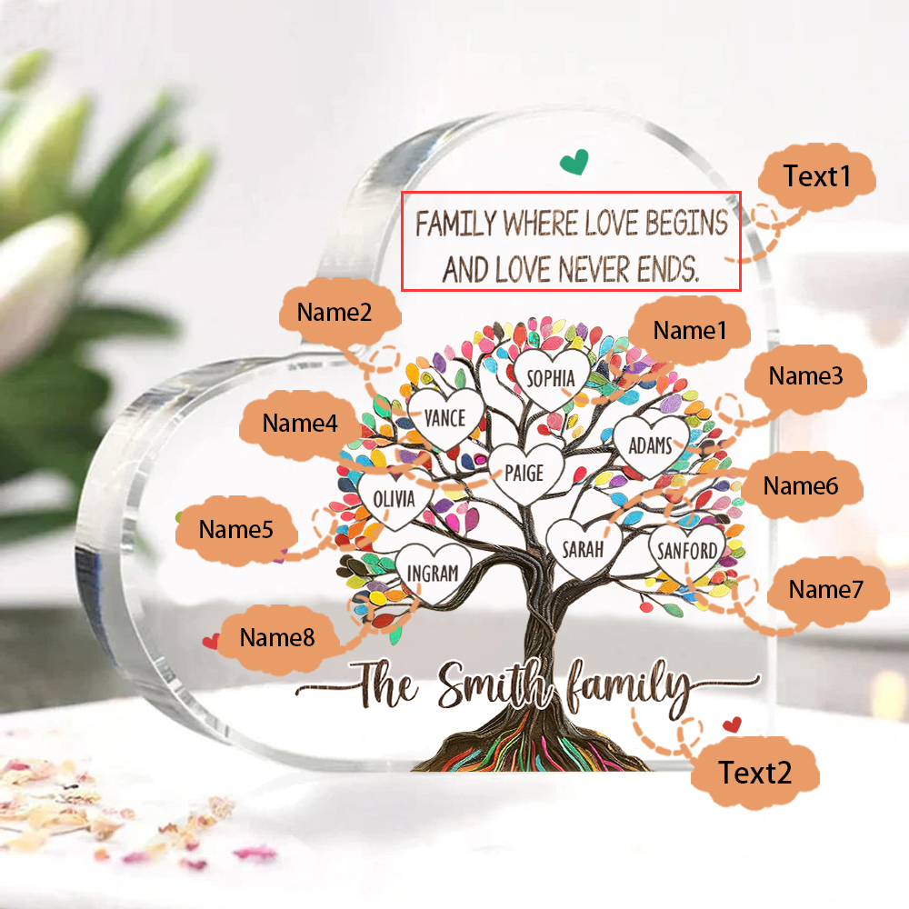 Personalized Family Tree of Life Acrylic Heart Plaque – with 8 Names & 2 Texts - Mother’s Day Gift
