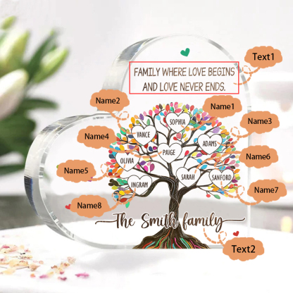 Personalized Family Tree of Life Acrylic Heart Plaque – with 8 Names & 2 Texts - Mother’s Day Gift
