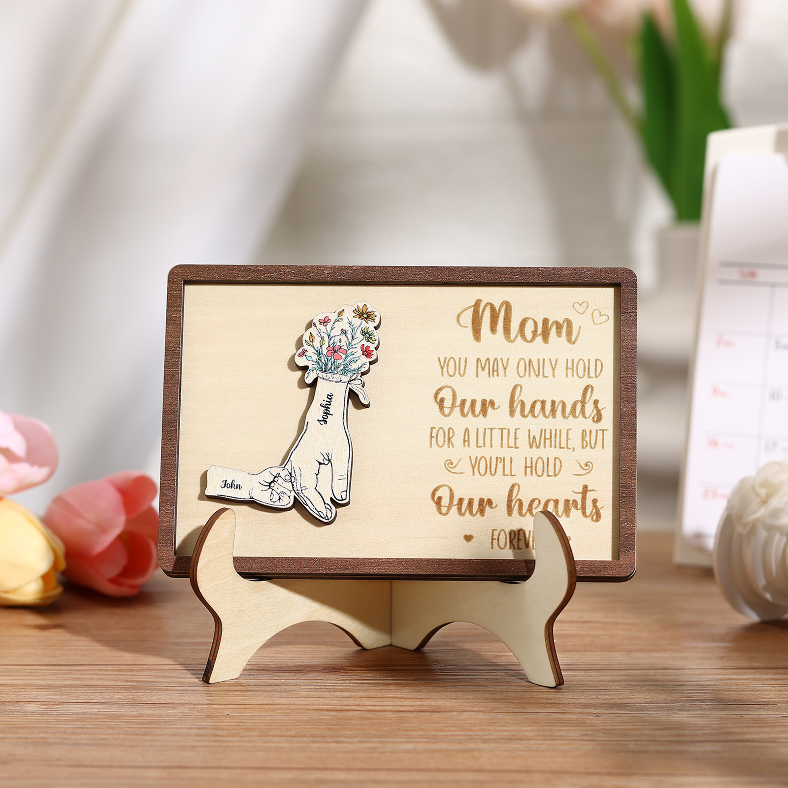 Hand-in-Hand Custom Wooden Plaque for Mom - Personalized Mother's Day Wooden Plaque