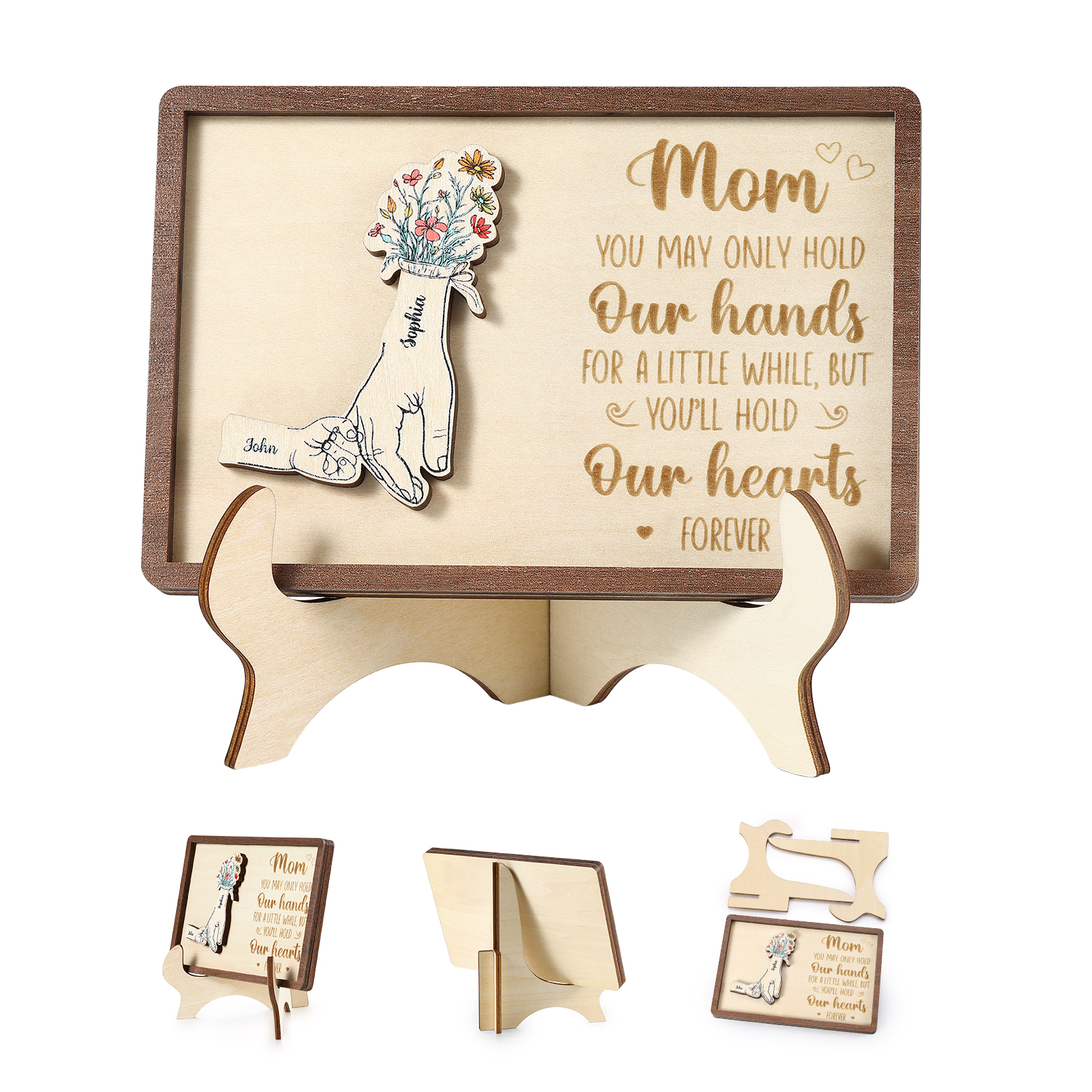 Hand-in-Hand Custom Wooden Plaque for Mom - Personalized Mother's Day Wooden Plaque