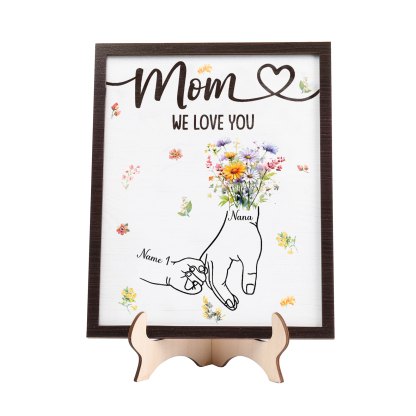 1 Name - Personalized Hand-in-Hand Wooden Plaque for Mom - Customize with Names & Text - Mother’s Day Gift
