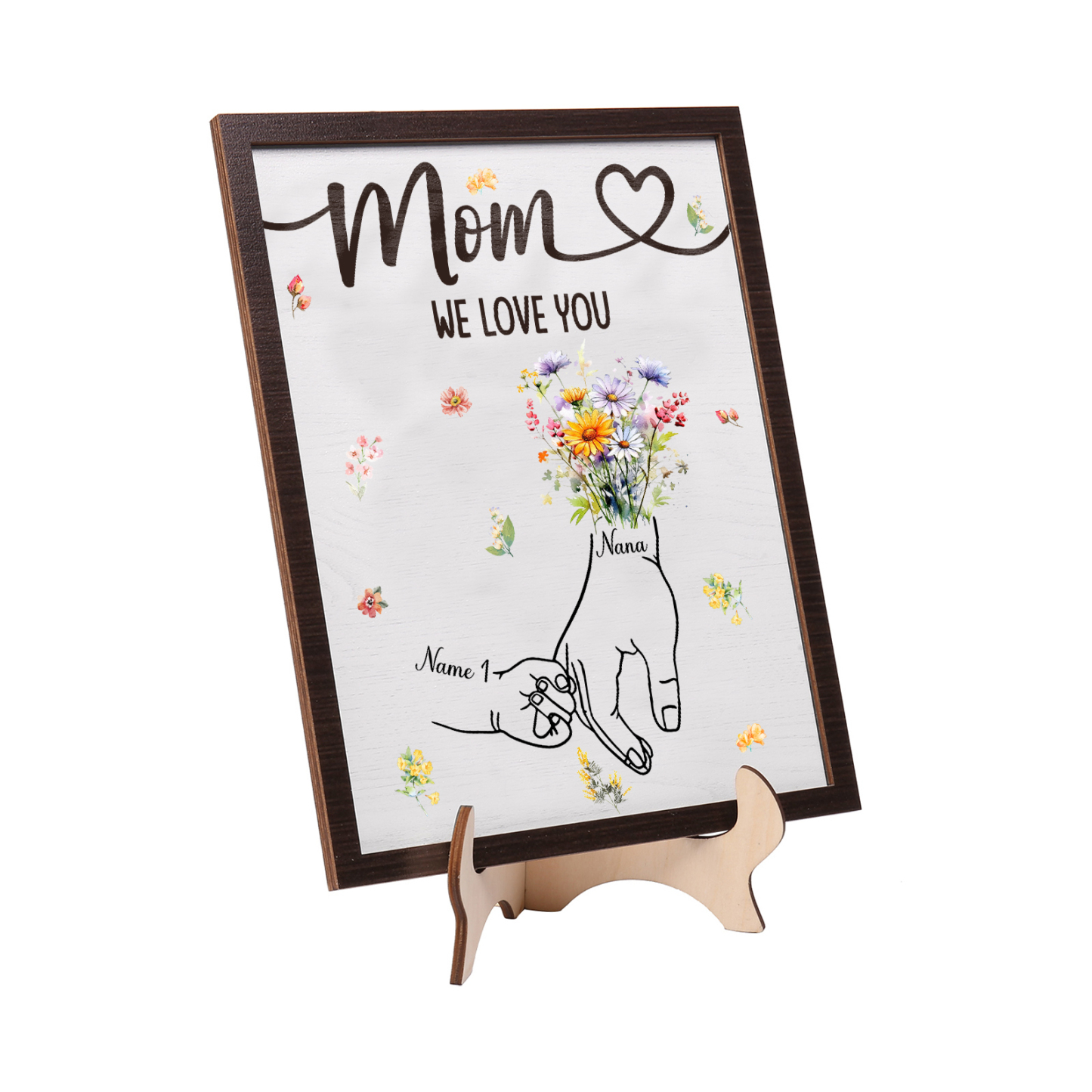 1 Name - Personalized Hand-in-Hand Wooden Plaque for Mom - Customize with Names & Text - Mother’s Day Gift