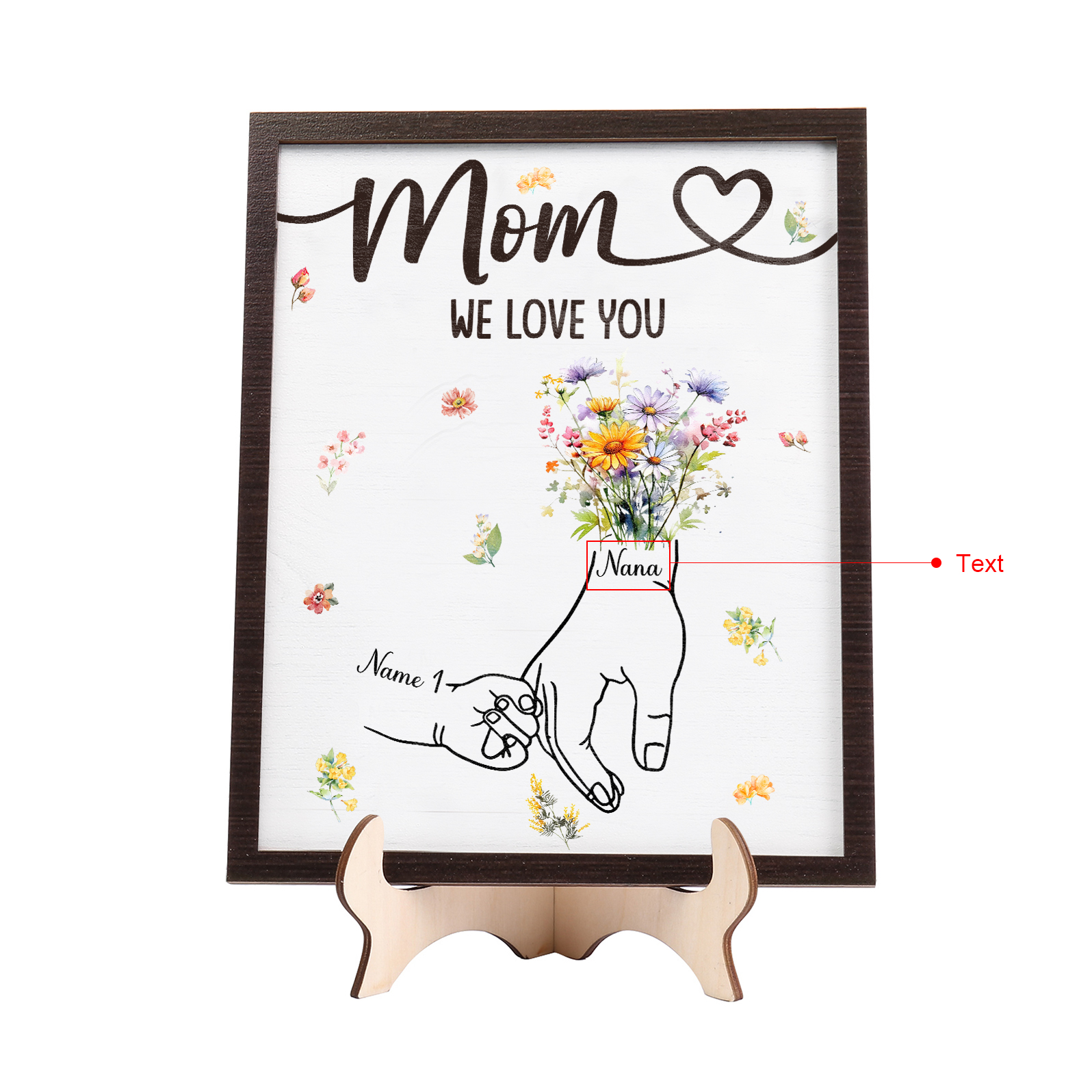 1 Name - Personalized Hand-in-Hand Wooden Plaque for Mom - Customize with Names & Text - Mother’s Day Gift