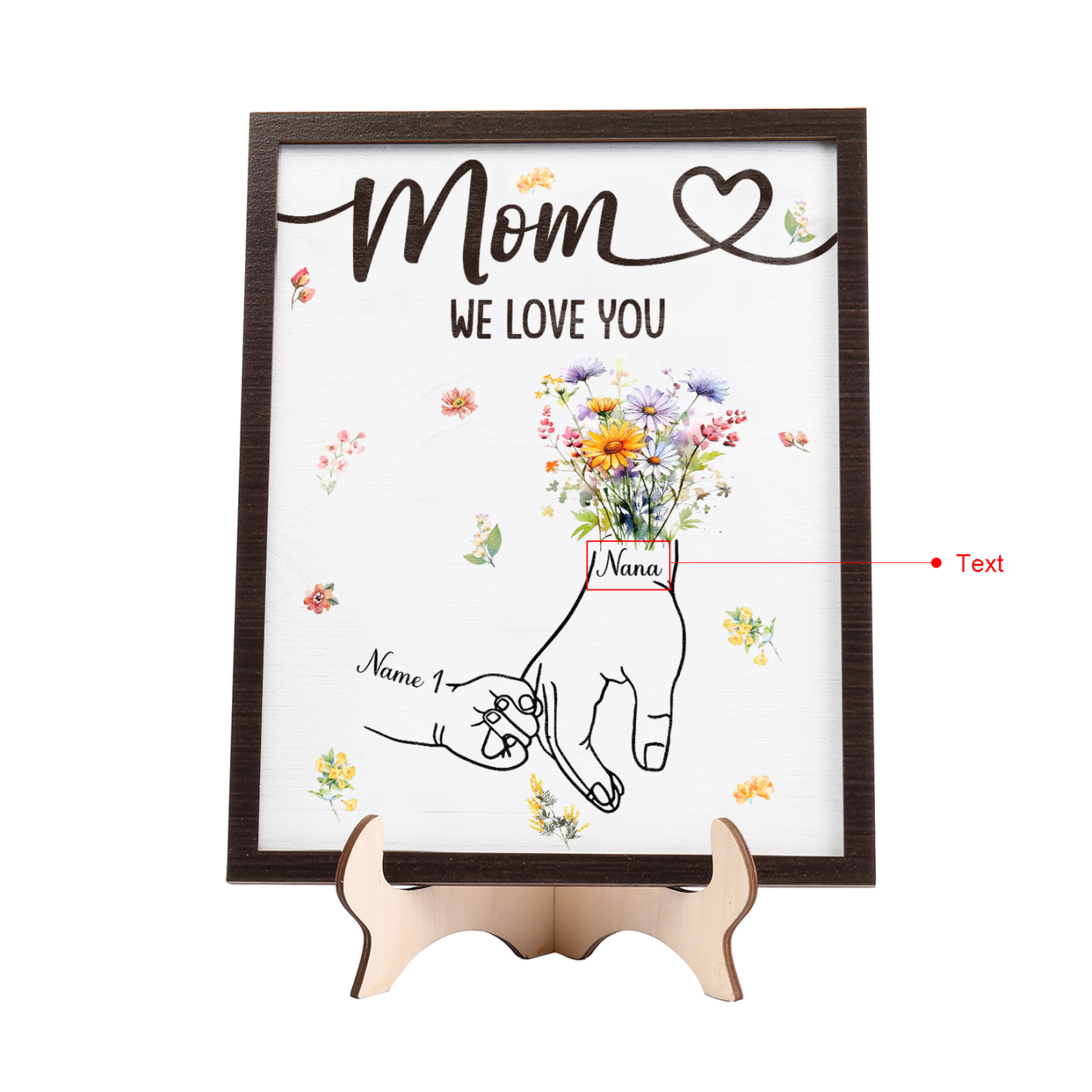 1 Name - Personalized Hand-in-Hand Wooden Plaque for Mom - Customize with Names & Text - Mother’s Day Gift