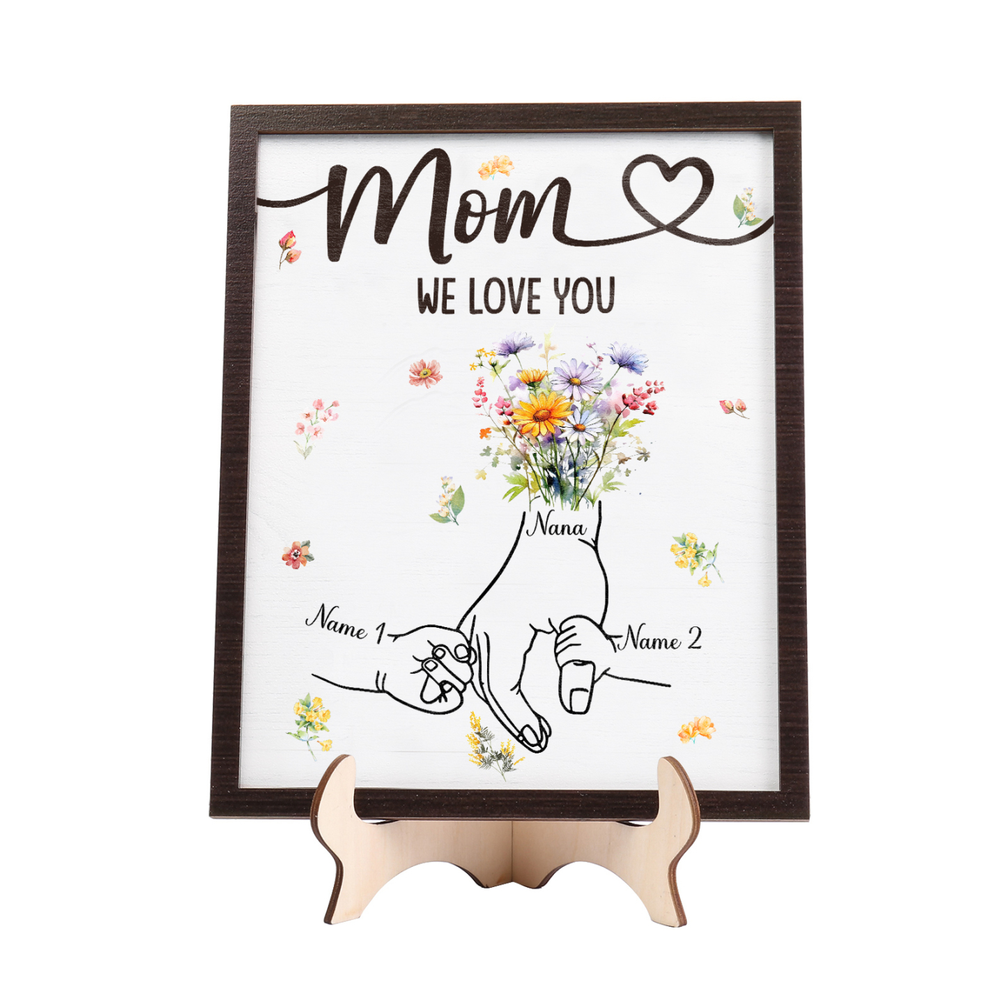 2 Names - Personalized Hand-in-Hand Wooden Plaque for Mom - Customize with Names & Text - Mother’s Day Gift