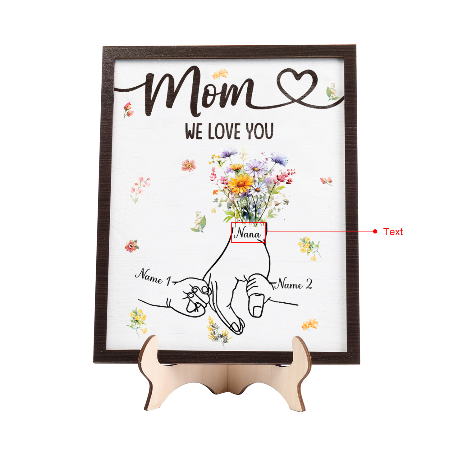 2 Names - Personalized Hand-in-Hand Wooden Plaque for Mom - Customize with Names & Text - Mother’s Day Gift
