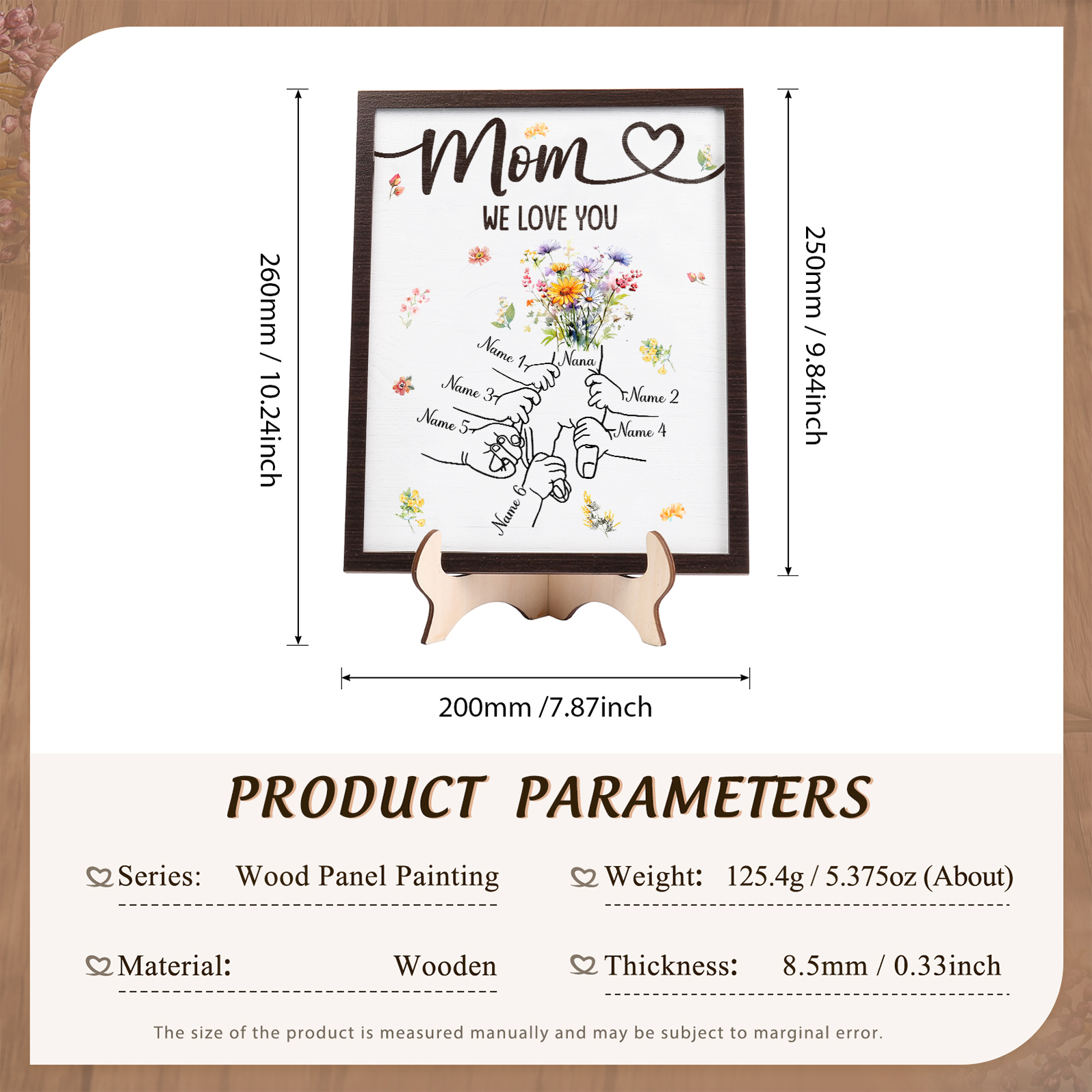 6 Names - Personalized Hand-in-Hand Wooden Plaque for Mom - Customize with Names & Text - Mother’s Day Gift