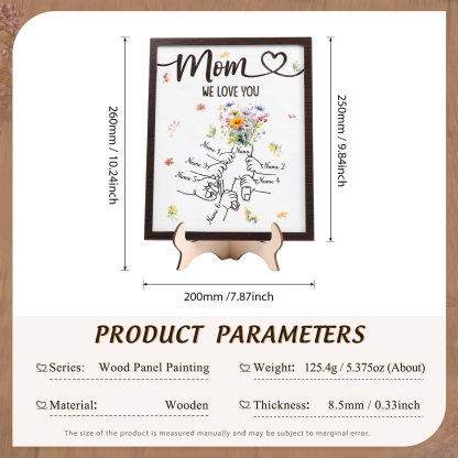 6 Names - Personalized Hand-in-Hand Wooden Plaque for Mom - Customize with Names & Text - Mother’s Day Gift