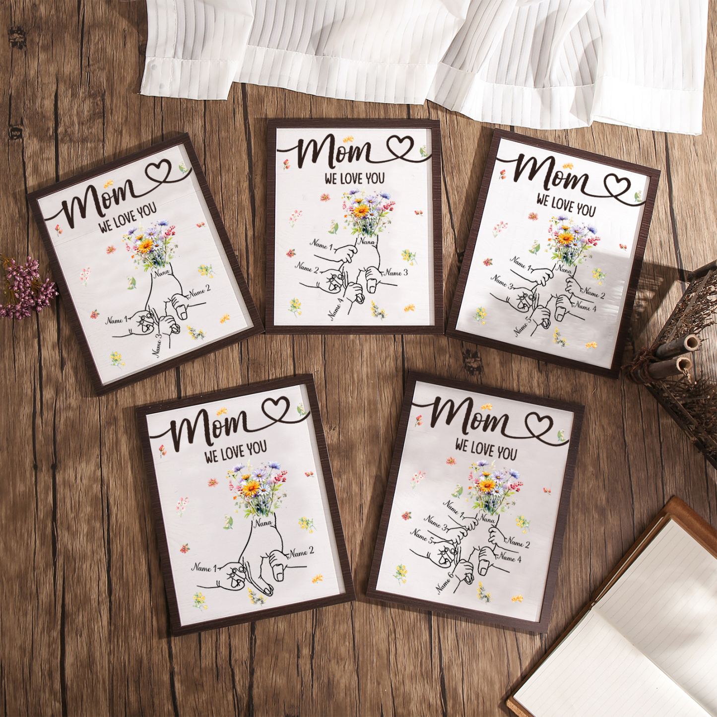 6 Names - Personalized Hand-in-Hand Wooden Plaque for Mom - Customize with Names & Text - Mother’s Day Gift