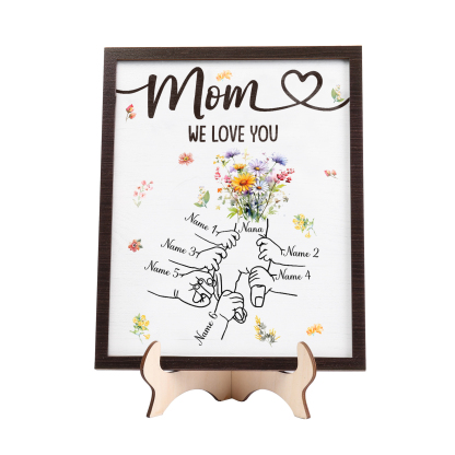 6 Names - Personalized Hand-in-Hand Wooden Plaque for Mom - Customize with Names & Text - Mother’s Day Gift