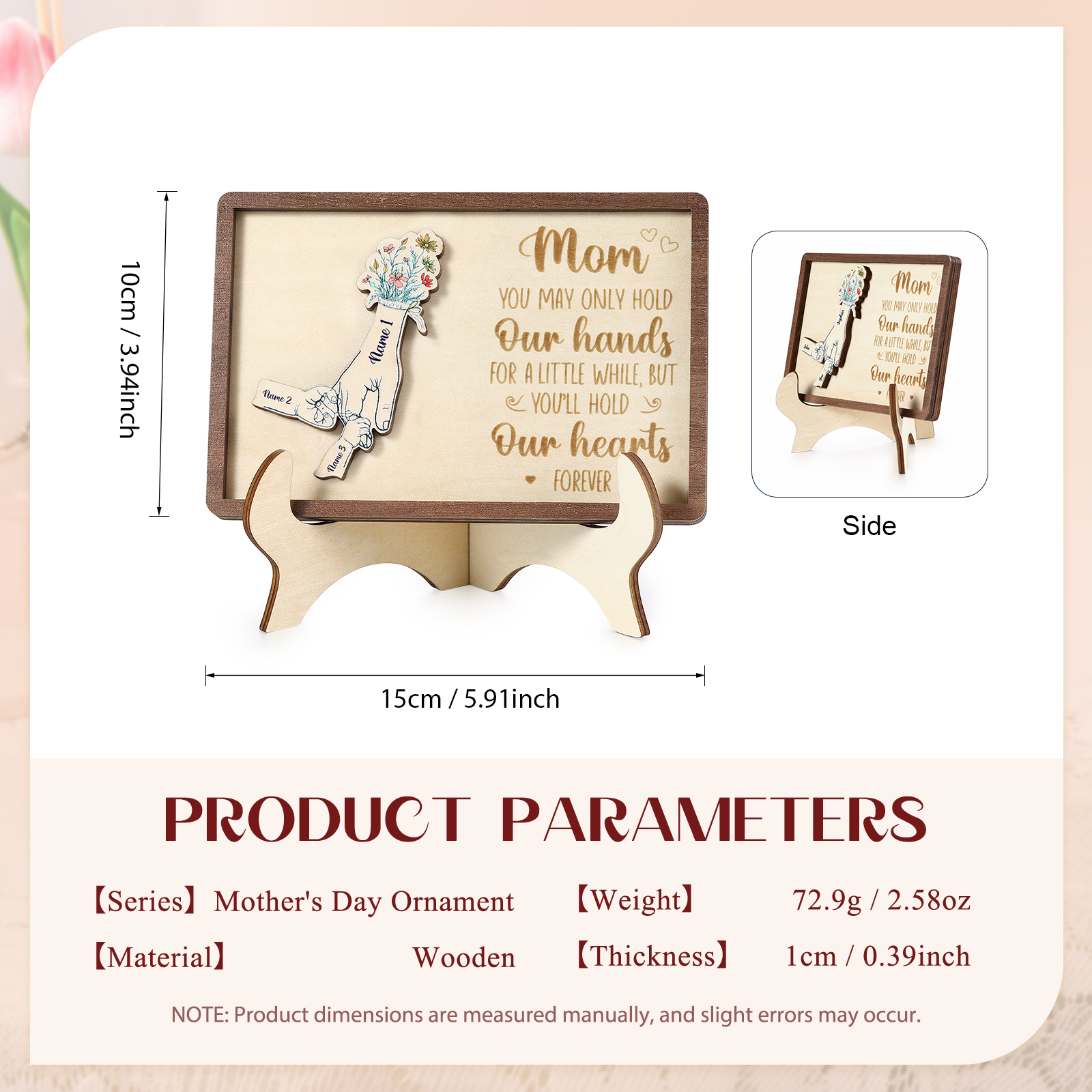 3 names - Hand-in-Hand Custom Wooden Plaque for Mom - Personalized Mother's Day Wooden Plaque