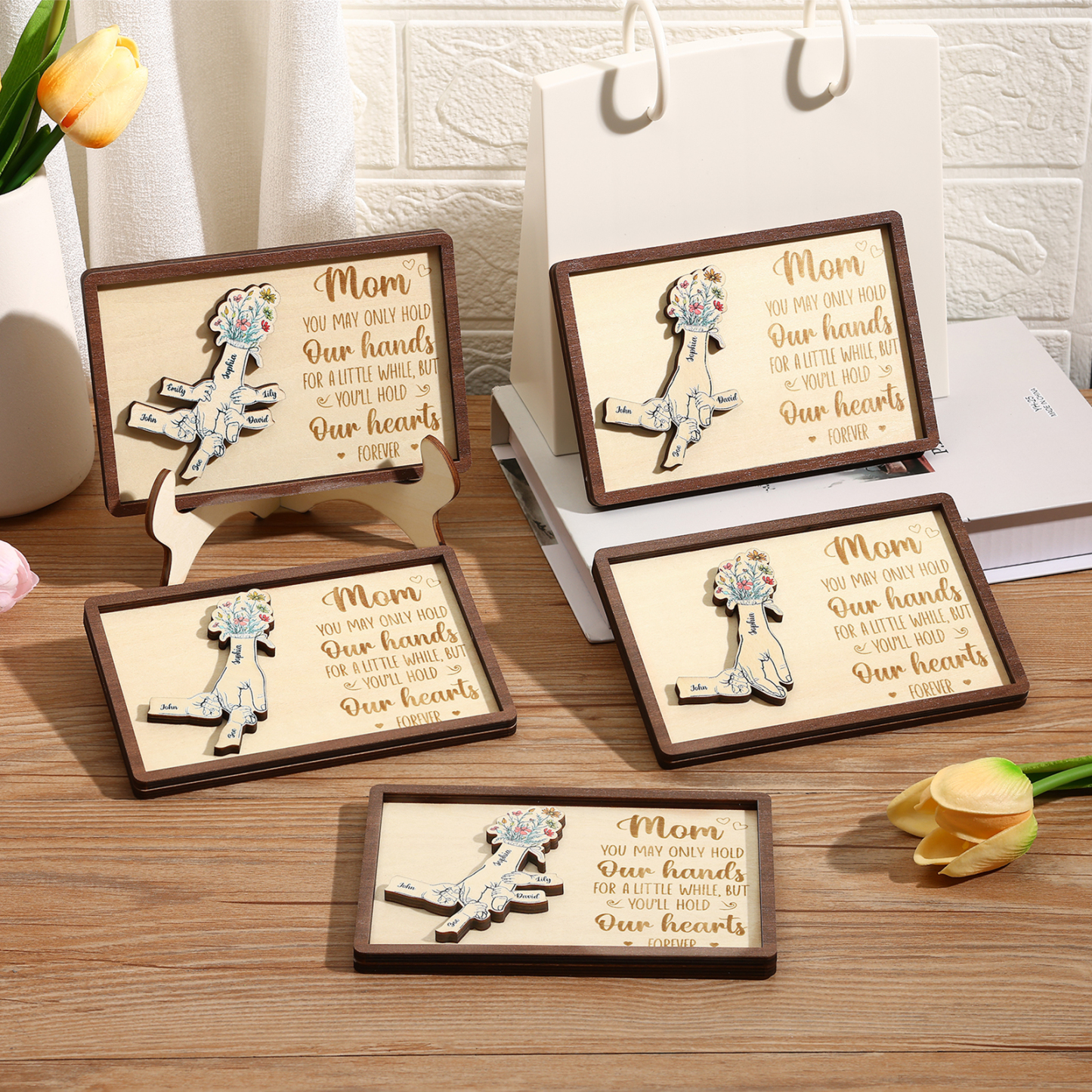 5 names - Hand-in-Hand Custom Wooden Plaque for Mom - Personalized Mother's Day Wooden Plaque