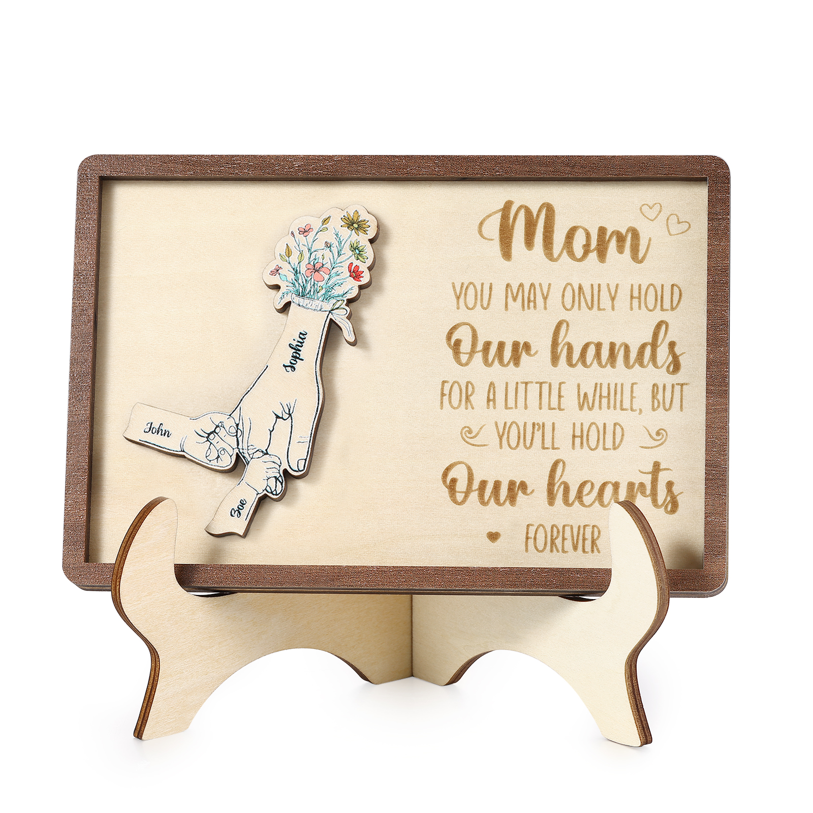3 names - Hand-in-Hand Custom Wooden Plaque for Mom - Personalized Mother's Day Wooden Plaque