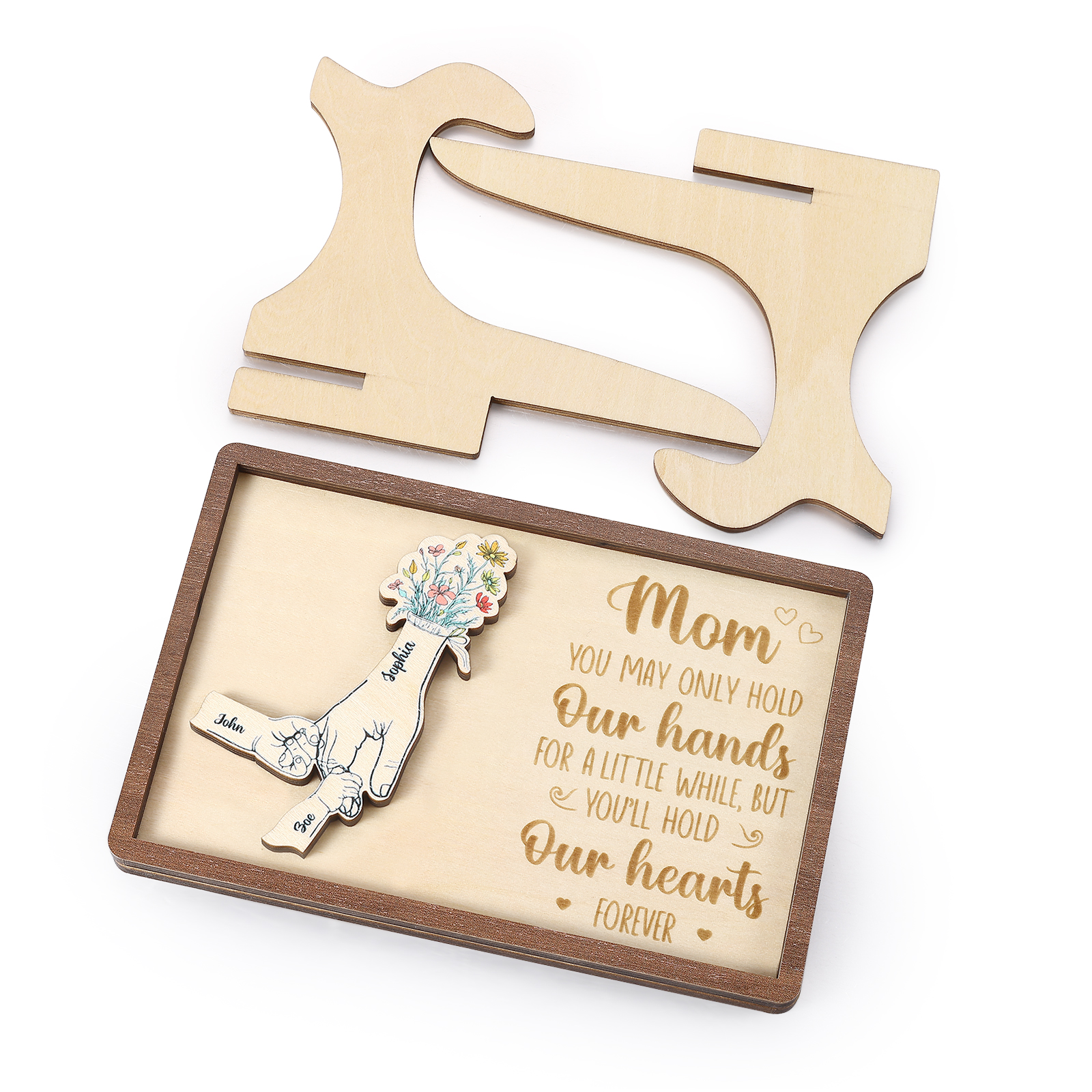 3 names - Hand-in-Hand Custom Wooden Plaque for Mom - Personalized Mother's Day Wooden Plaque
