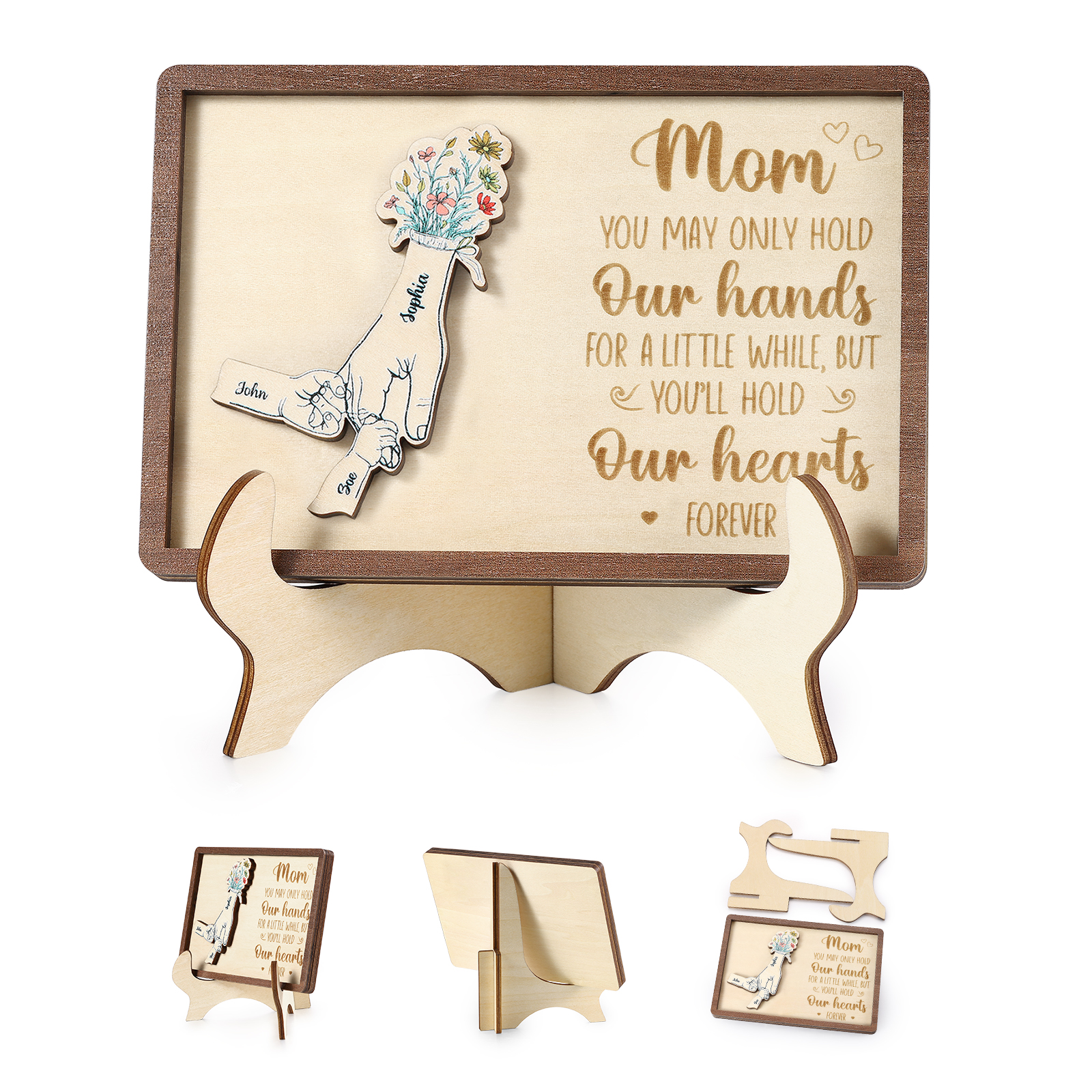 3 names - Hand-in-Hand Custom Wooden Plaque for Mom - Personalized Mother's Day Wooden Plaque