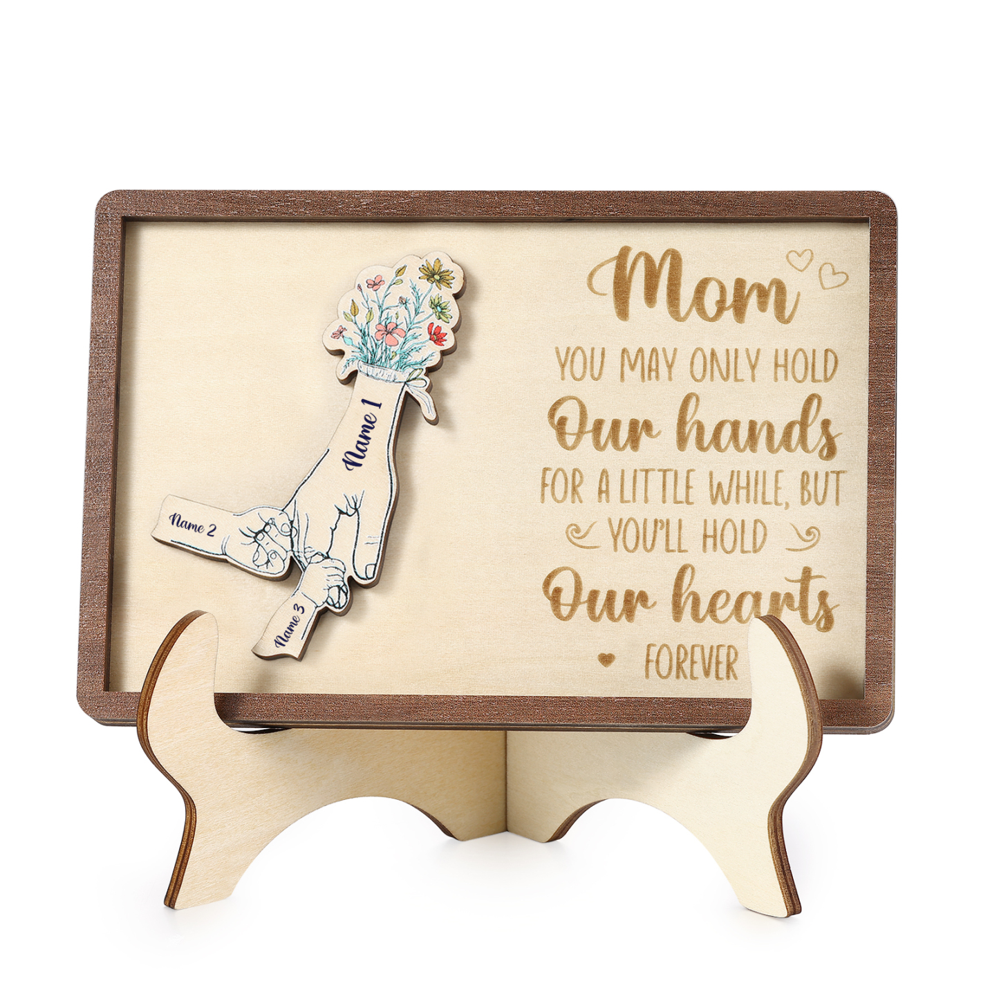 3 names - Hand-in-Hand Custom Wooden Plaque for Mom - Personalized Mother's Day Wooden Plaque