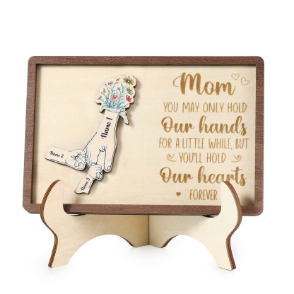 3 names - Hand-in-Hand Custom Wooden Plaque for Mom - Personalized Mother's Day Wooden Plaque