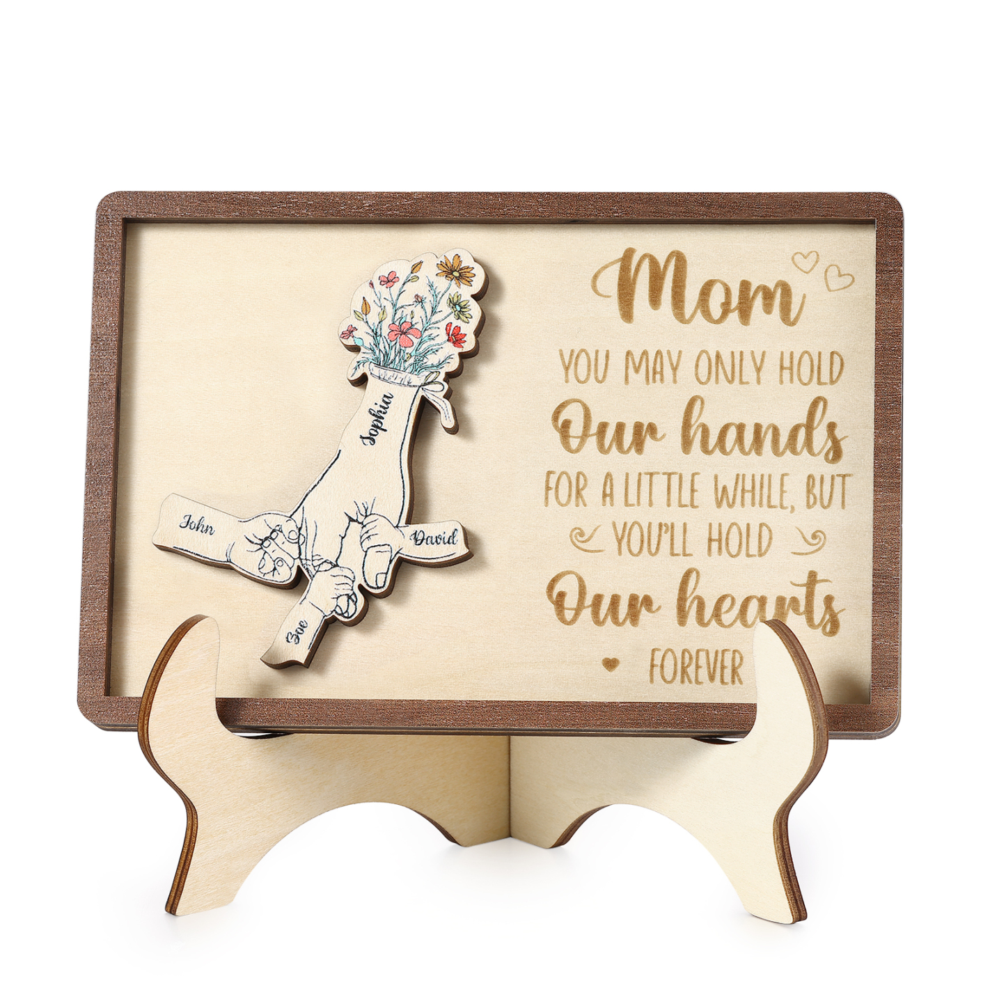 4 names - Hand-in-Hand Custom Wooden Plaque for Mom - Personalized Mother's Day Wooden Plaque