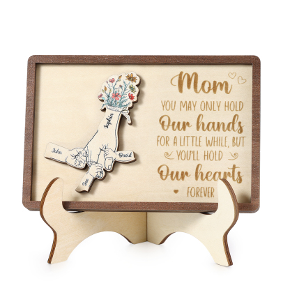 4 names - Hand-in-Hand Custom Wooden Plaque for Mom - Personalized Mother's Day Wooden Plaque