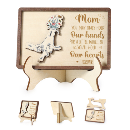 4 names - Hand-in-Hand Custom Wooden Plaque for Mom - Personalized Mother's Day Wooden Plaque