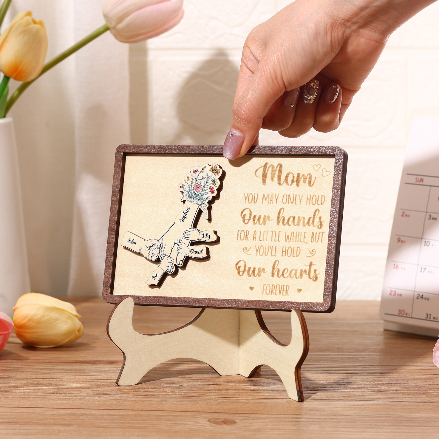 5 names - Hand-in-Hand Custom Wooden Plaque for Mom - Personalized Mother's Day Wooden Plaque