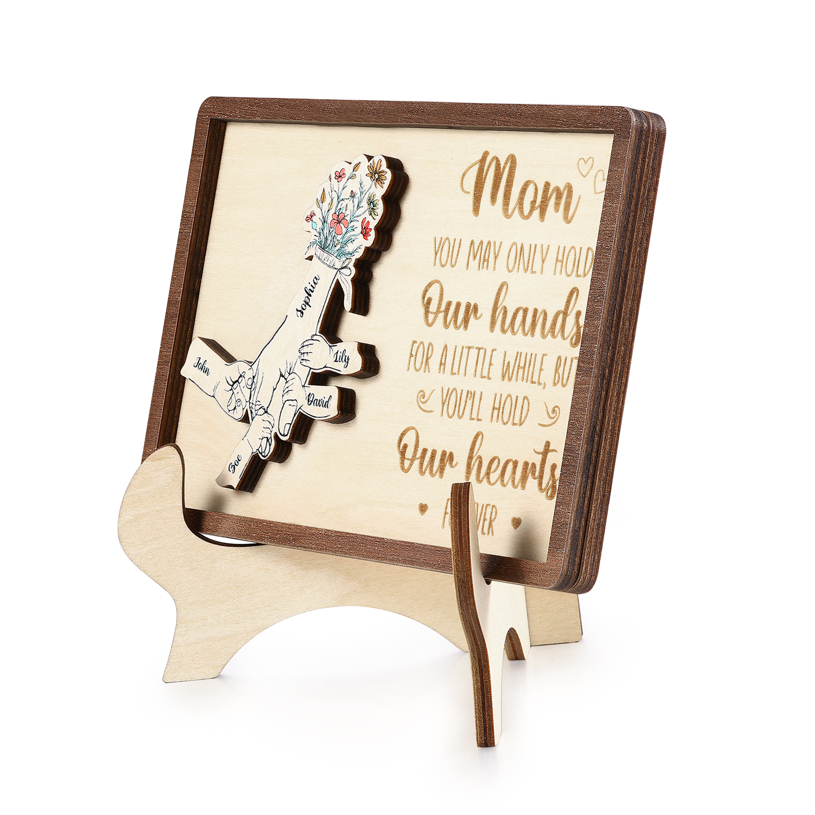 5 names - Hand-in-Hand Custom Wooden Plaque for Mom - Personalized Mother's Day Wooden Plaque