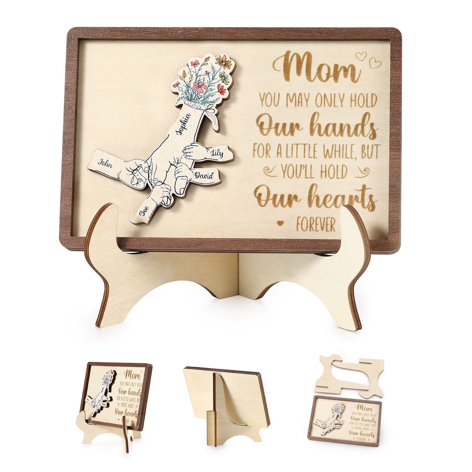 5 names - Hand-in-Hand Custom Wooden Plaque for Mom - Personalized Mother's Day Wooden Plaque