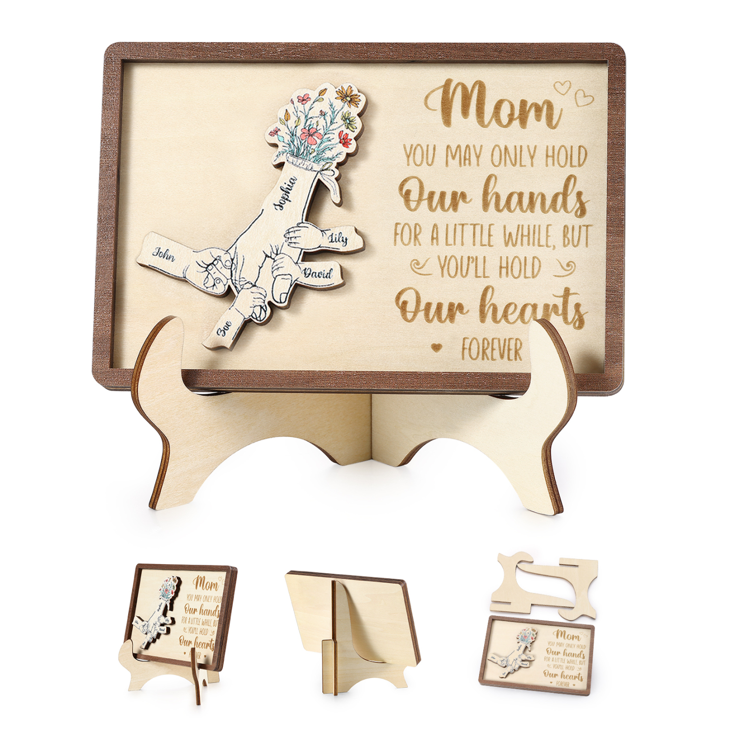 5 names - Hand-in-Hand Custom Wooden Plaque for Mom - Personalized Mother's Day Wooden Plaque